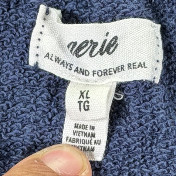 Aerie Textured Pullover Sweatshirt Women's XL Blue V Neck Pom Pom Tassel - Picture 5 of 13